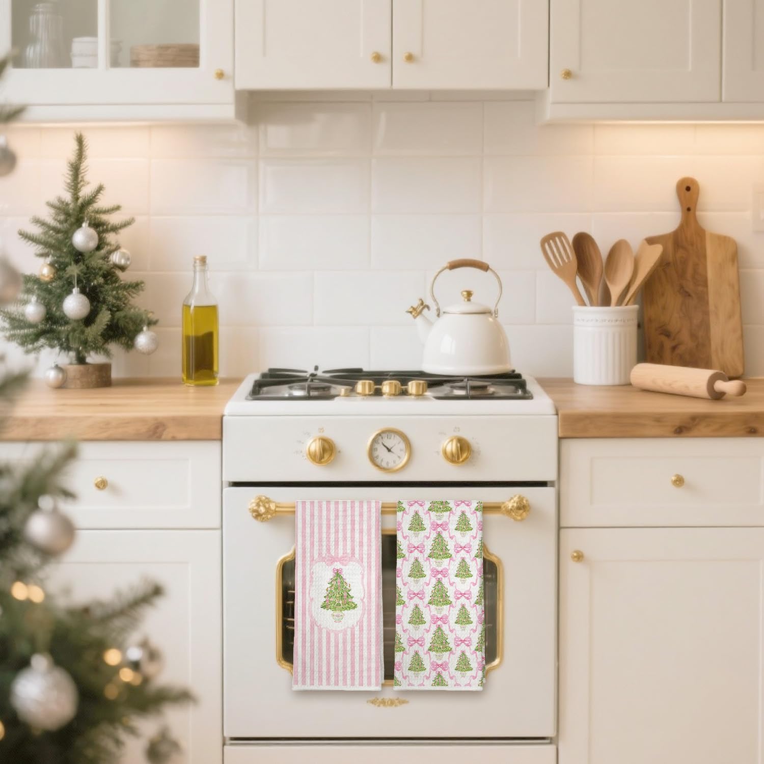 XUISWELL905 Pink Chinoiserie Nutcracker Christmas Tree Bow Plaid Coquette Kitchen Dish Tea Hand Towels Decor for Bathroom, 16x24 Inches Set of 2 - Image 4