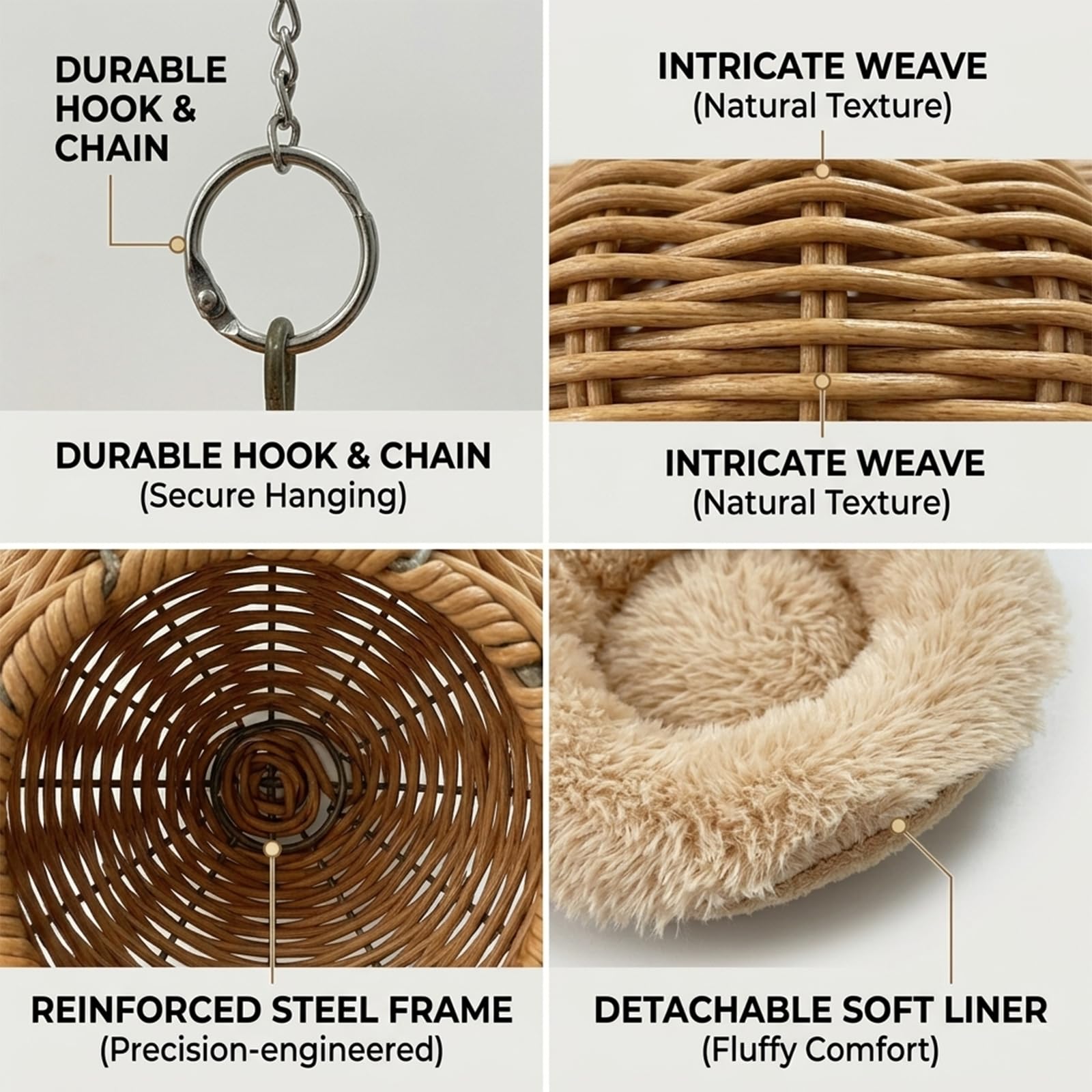 Nid Oiseau pour Cage, Nid en Rotin Imité avec Armature en Acier, Nid d’Élevage Transpirable pour Perruches, Canaris, Pinsons avec Coussin Amovible et Chaîne de Suspension