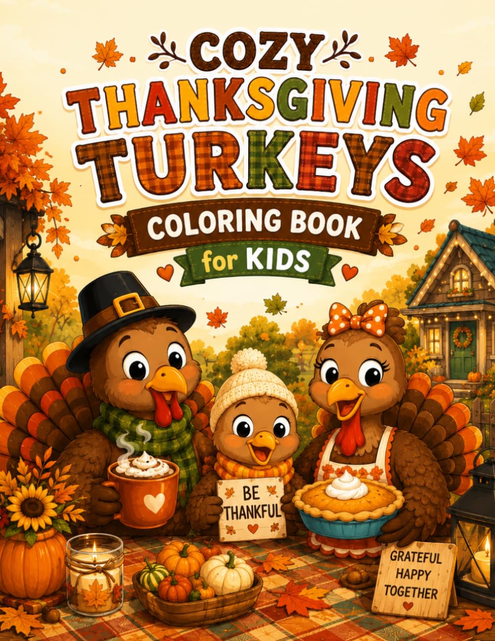 Cozy Thanksgiving Turkeys Coloring Book: Fun Fall Harvest Scenes with Friendly Pilgrim Birds, Pumpkins and Autumn Feasts for Boys and Girls Ages 4 to 10