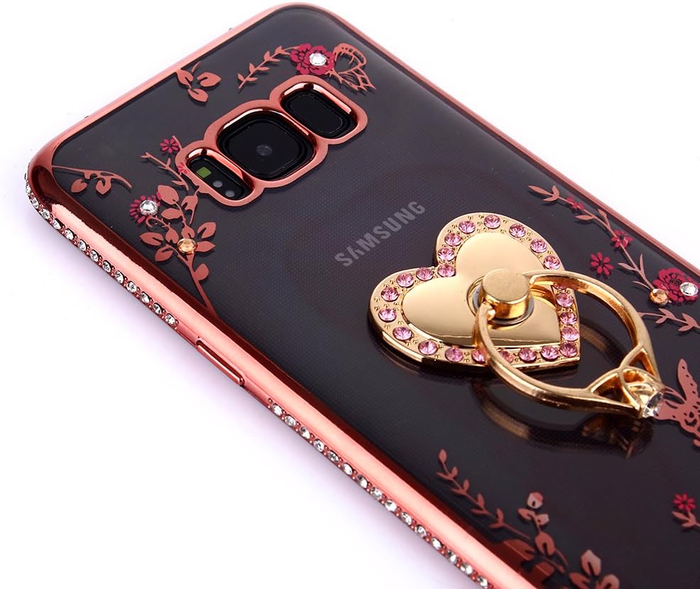 CaseHaven Galaxy S8 Plus Case, Glitter Crystal Heart Floral Series - Slim Luxury Bling Rhinestone Clear TPU Case with Ring Stand for Samsung Galaxy S8 Plus (SM-G9550) - Rose Gold