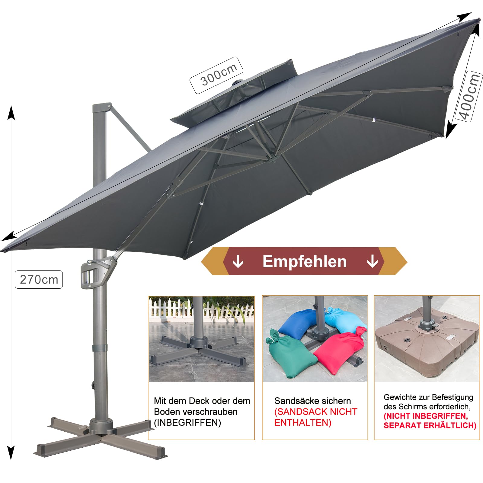 LKINBO Sonnenschirm 300 x 400 cm Rechteckig mit Ständer und Kurbel, Groß Ampelschirm Terrassenschirm 360°Drehbar Parasol Windfest Gartenschirm Wasserdicht Marktschirm für Garten Deck Outdoor, Grau