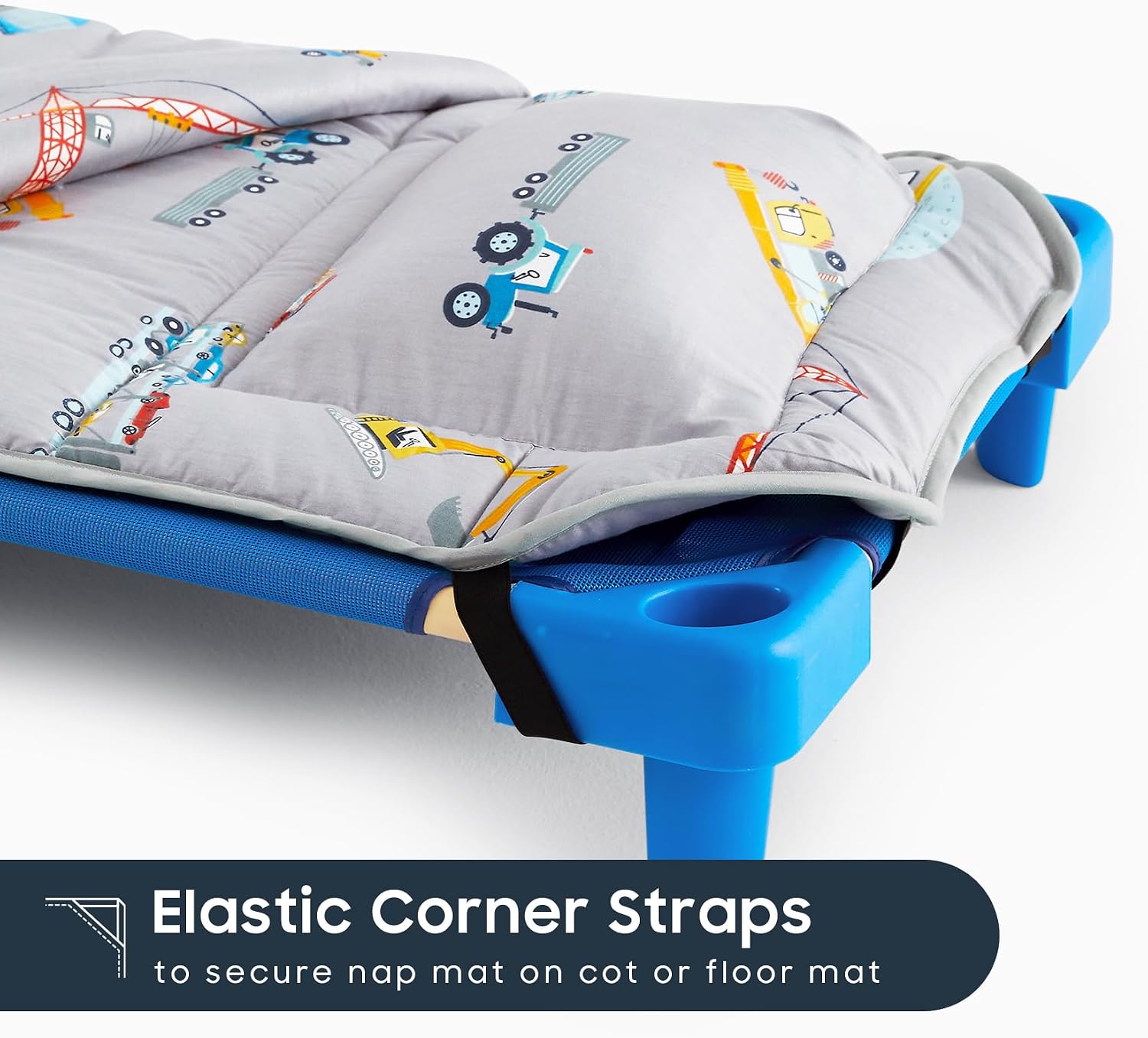 Wake In Cloud - Cot Nap Mat with Pillow and Blanket, 100% Cotton Fabric, for Toddler Kids Boys Ages 3 Plus in Daycare Kindergarten Preschool with Elastic Corner Straps, Cars Cranes Trucks
