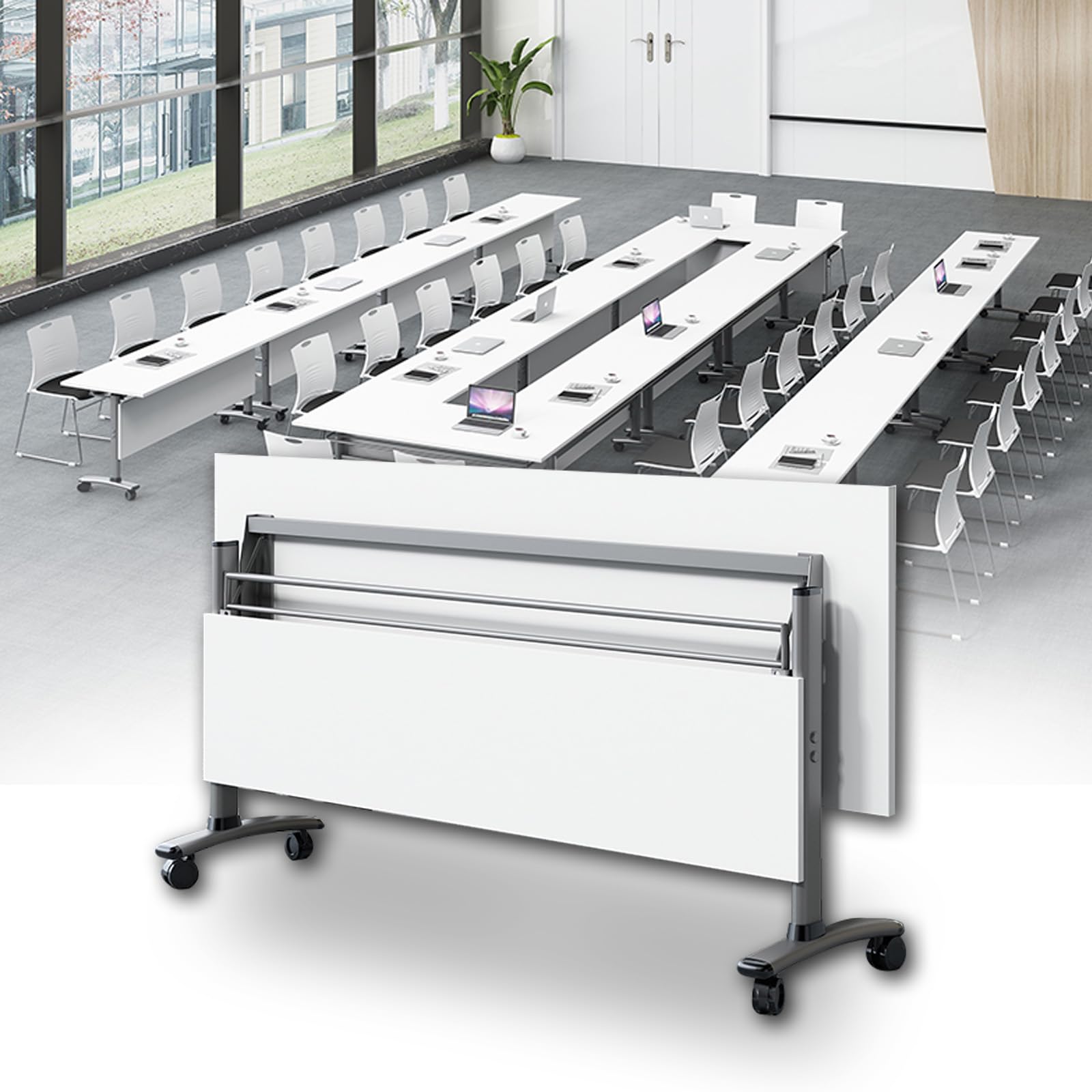 Składany mobilny stół treningowy z klapką, 140 x 60 x 70 cm, stół konferencyjny z kółkami blokującymi, idealny do biura, sal szkoleniowych, sal lekcyjnych i spotkań