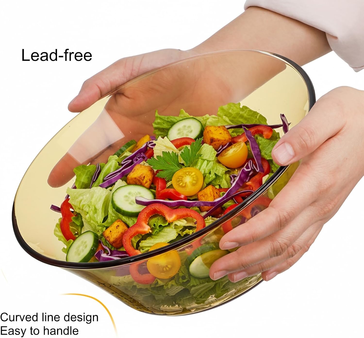 ZEAYEA 2 Pack 9 inch Glass Salad Bowls, Round Serving Bowls for Mixing Salad or Cereal, Amber Glass Prep Bowls for Cooking Baking Prepping, Dishwasher Safe