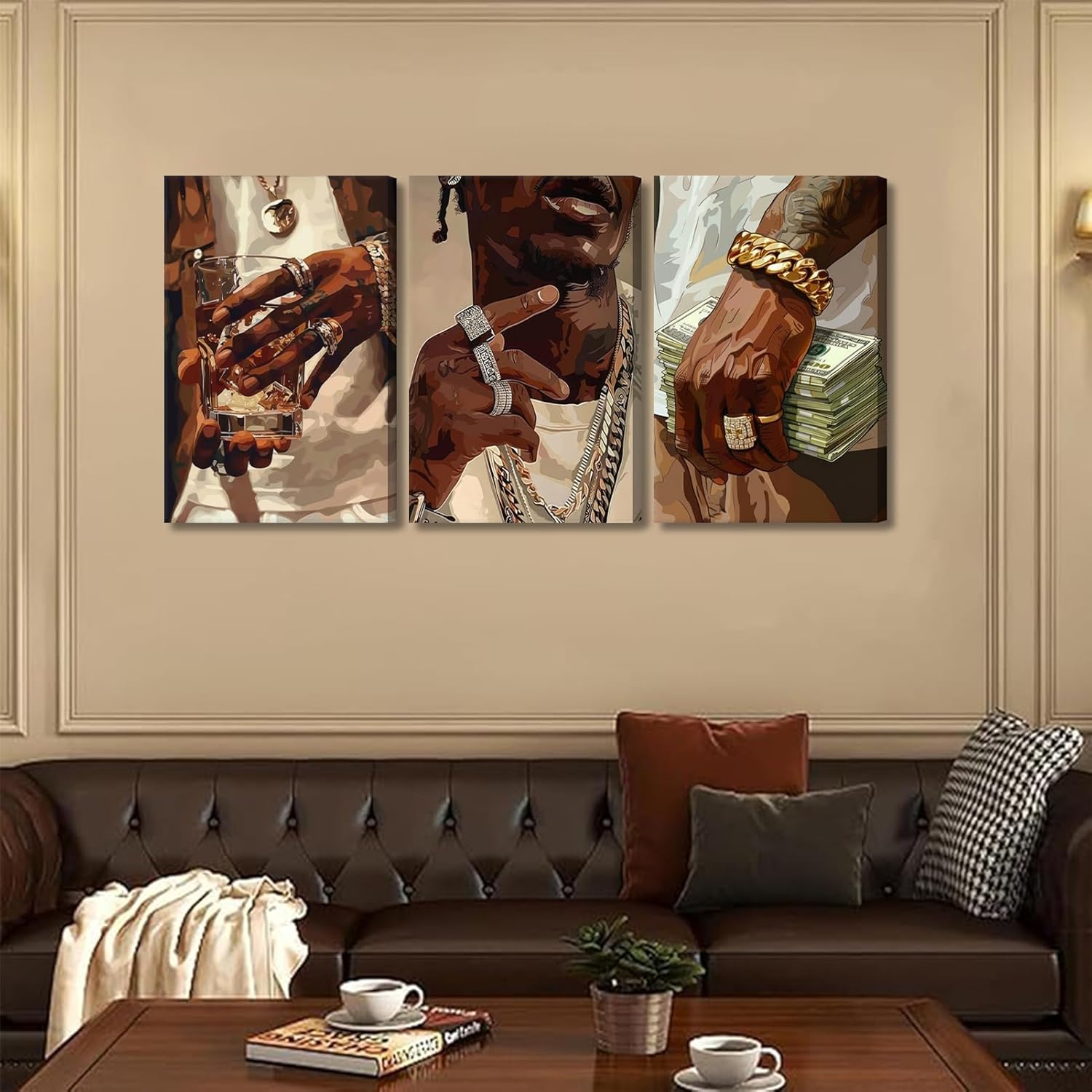 3Pcs Fashion African American Black Man Canvas Wall Art Modern Money Poster Print Pictures Hip-hop Aesthetics Luxury Street Wall Decor Artwork for Teen Boy Room DJ Studio Home Decoration 16x24in - Image 4