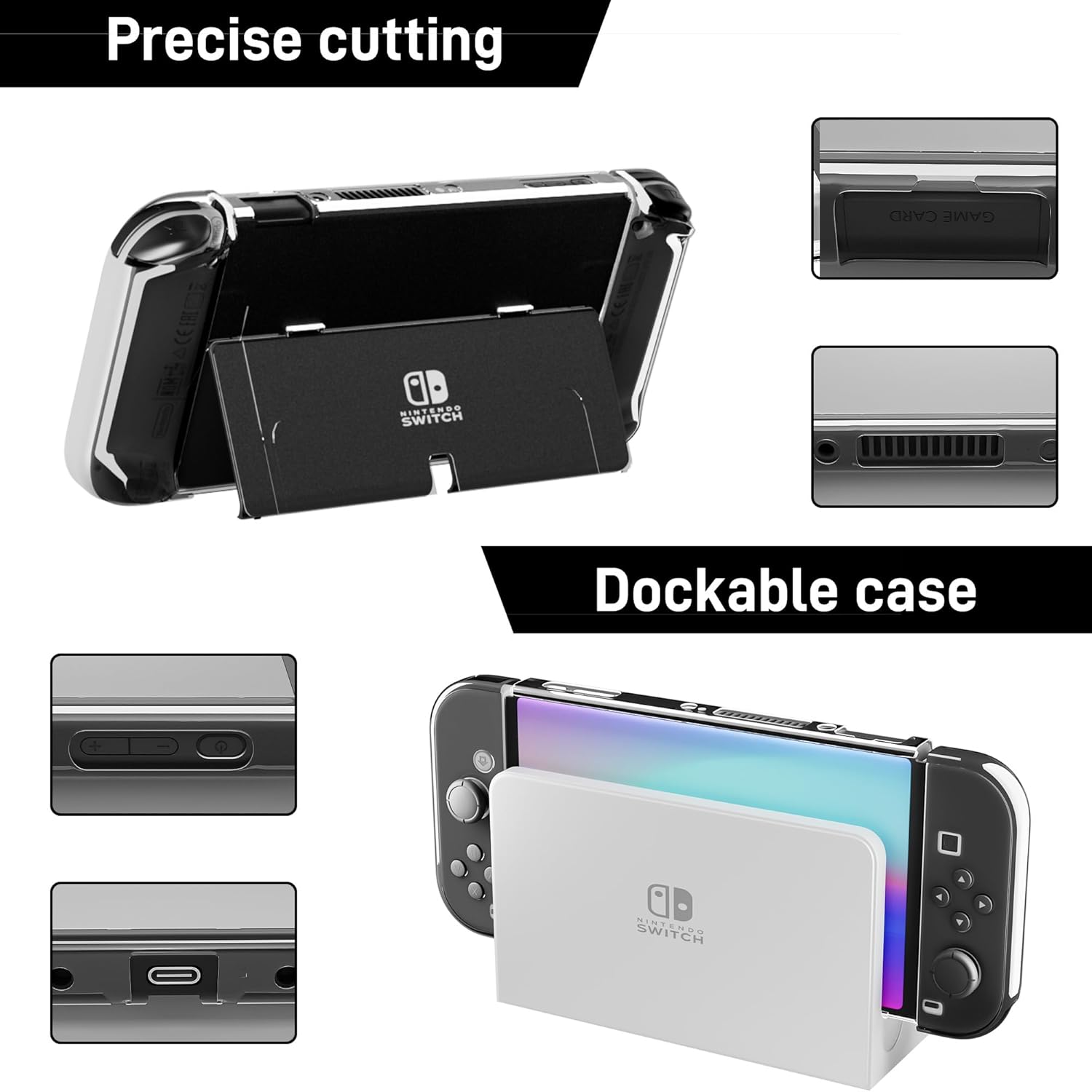 RHOTALL 3 in 1 Protective Black Clear Case Cover for Nintendo Switch OLED, Dockable Skin for Switch OLED and Controller, Comfort Grip Shell with Shock-Absorption and Anti-Scratch Design - Image 3