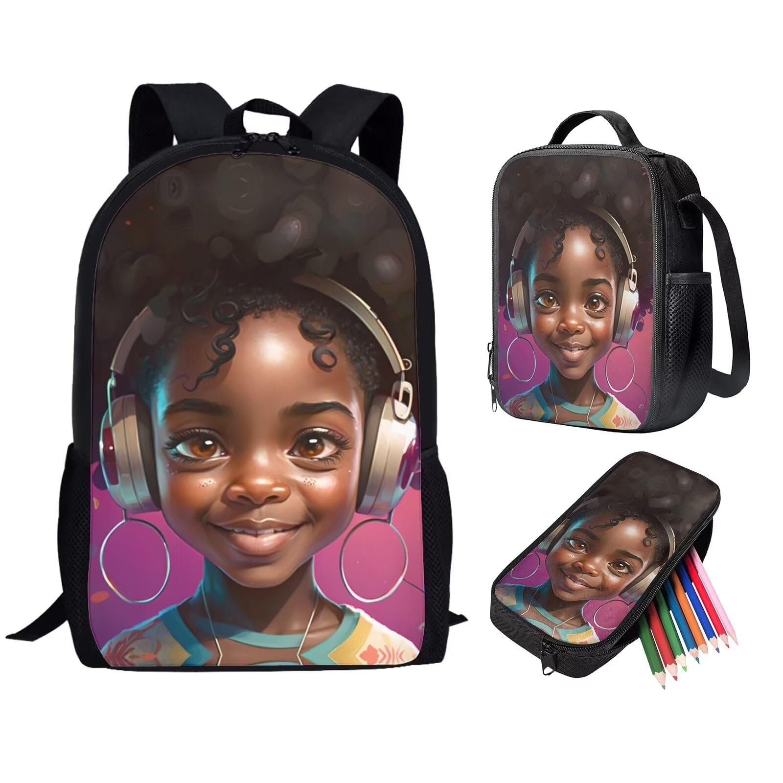 Uourmeti Play Music African Girls Backpack and Lunch Bag Set 3 in 1 Pencil Case Cute Kids School Bag with Lunchbox Heavy Duty Bookbags for Elementary