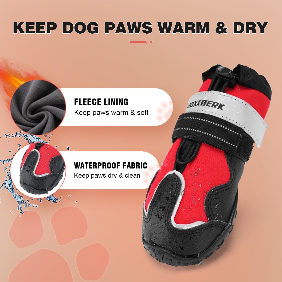 Waterproof Dog Boots - Anti-Slip Dog Booties for Winter with Adjustable Buckle, Paw Protector with Reflective Strap for Outdoor Hiking (Red, 2.95")