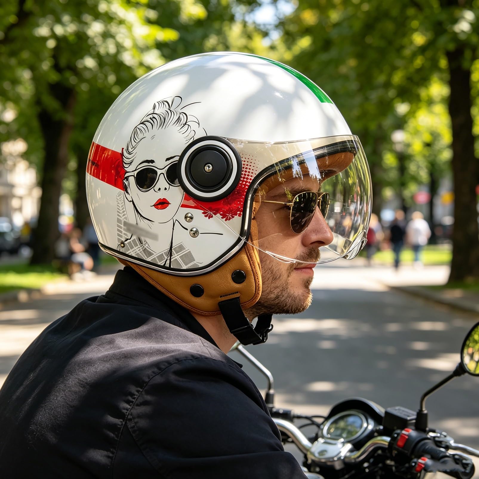 Guida con Stile: Casco Moto Jet Rétro 3/4 con Doppia Visiera per Uomo Donna Adulto Scooter Motorino Casco Aperto Omologato ECE 22.06 DOT Italiano Pop-Art Bianco Italia