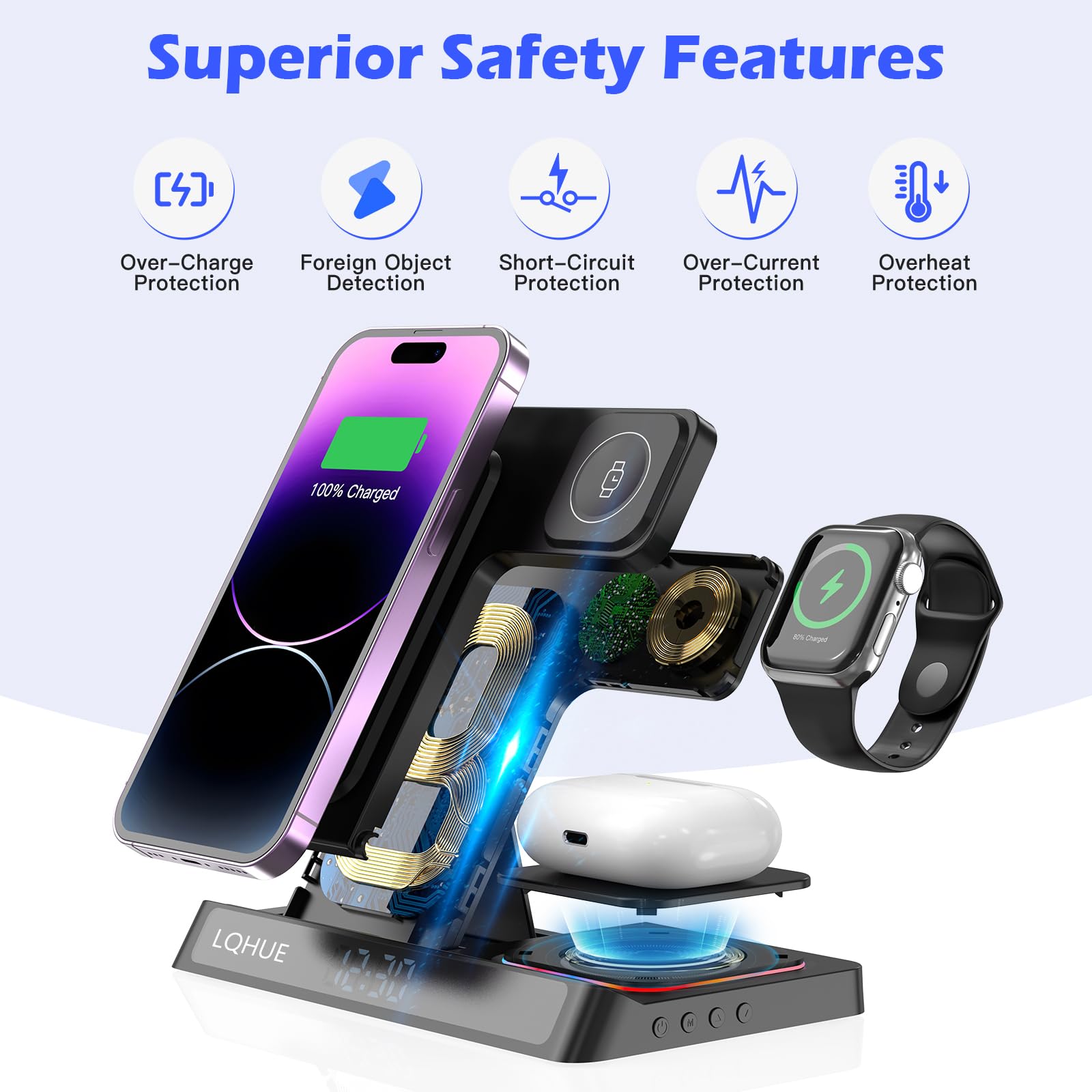 Caricatore wireless 4 in 1 Caricatore per iPhone 16 15 14 13 12 11 Pro SE X XS XR & Watch 9 8 7 6 SE 5 4 3 2,Ricarica Wireless Per i-Watch Ultra 9 8 7 6 SE 5 4 3 Wireless earphones 3/Pro 2