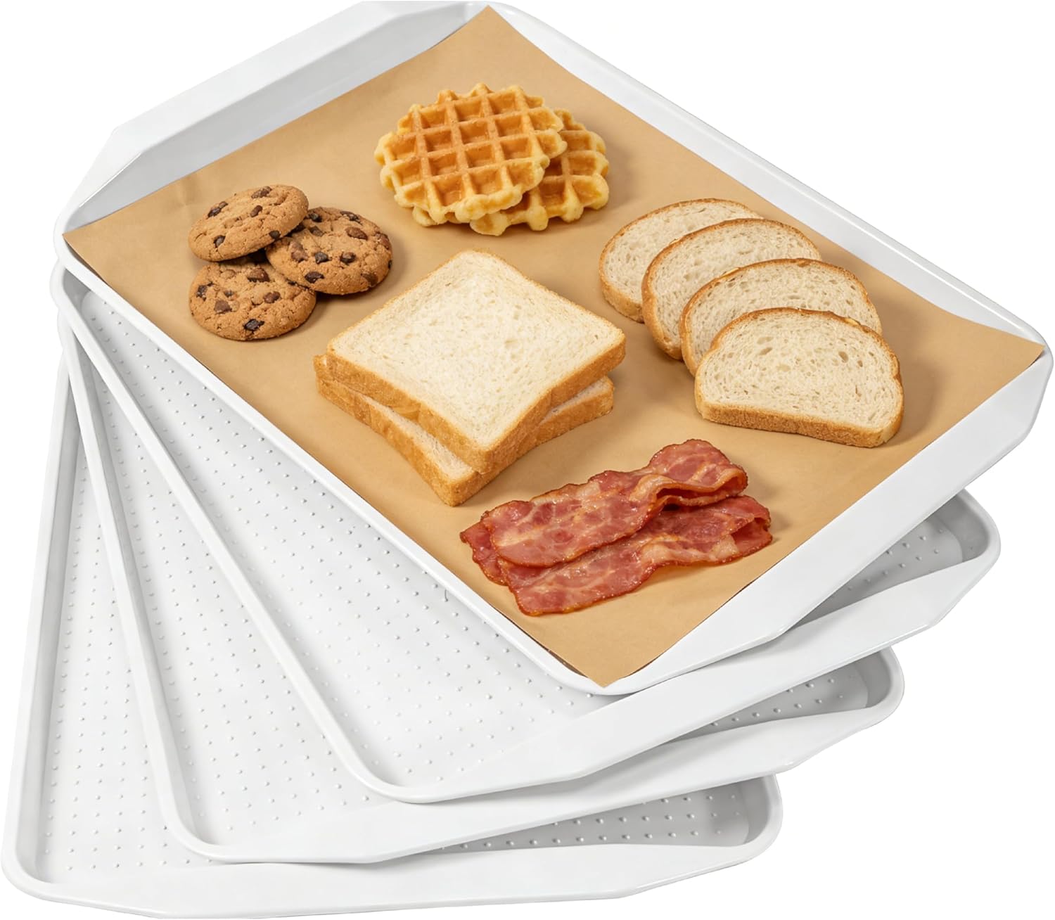 Rectangular Plastic Serving Trays, Stackable White Food Trays for Restaurant and Kitchen Use, 16.5 x 11.8 in, 8 Pack