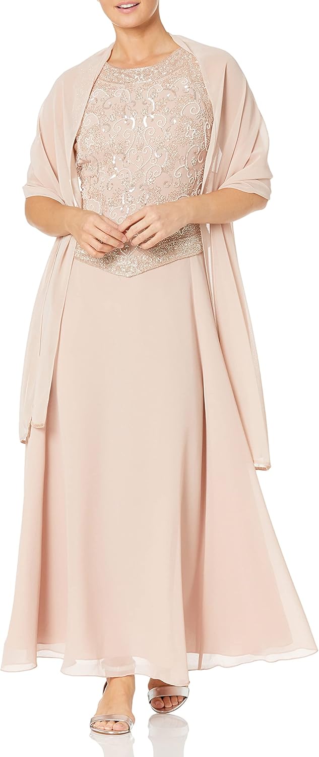 J Kara Vestido largo con detalle en V y detalle de cuentas para mujer con bufanda