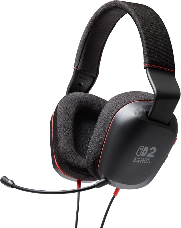 Auriculares estéreo con cable PowerA para Nintendo Switch 2 - Negro, licencia oficial, Crivers de 50 mm, micrófono boom desmontable, controles en la oreja, conector de 3,5 mm, compatible con Switch OLED, Switch, Switch Lite
