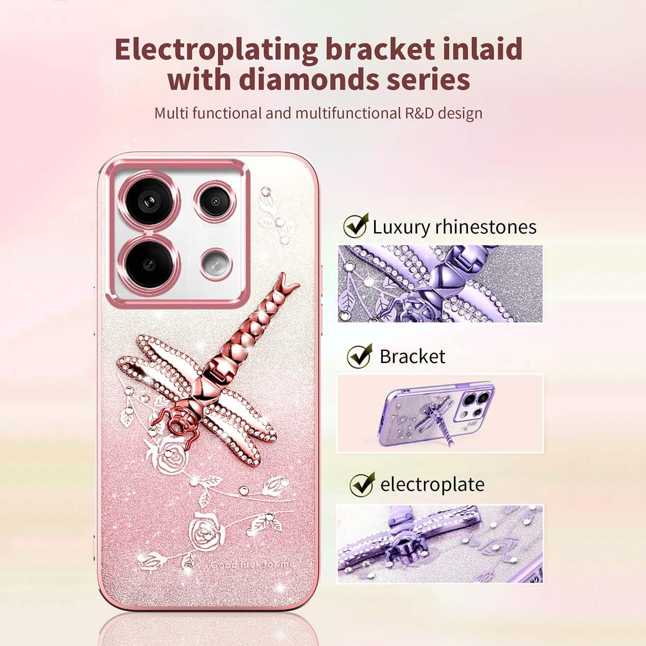 Glitzer-Hülle Für Xiaomi Redmi Note 13 4G – Mit Blumen-Ringständer, Rosa, Stoßfest, TPU-Silikon