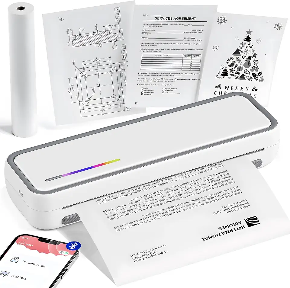 Impressora Térmica Portátil A4, Impressora Térmica Portátil com 20 Folhas Papel com Bluetooth, Compatível com Android, iOS e Laptop