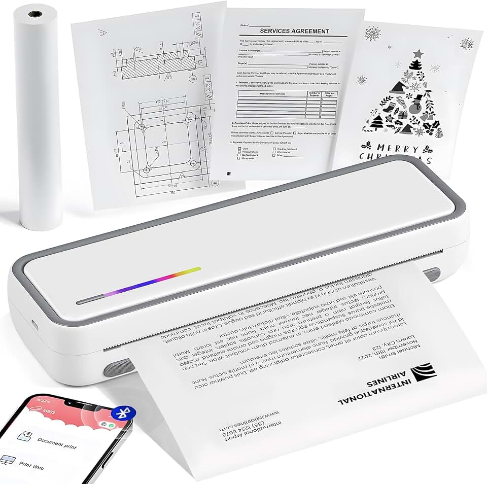 Impressora Térmica Portátil A4, Impressora Térmica Portátil com 20 Folhas Papel com Bluetooth, Compatível com Android, iOS e Laptop