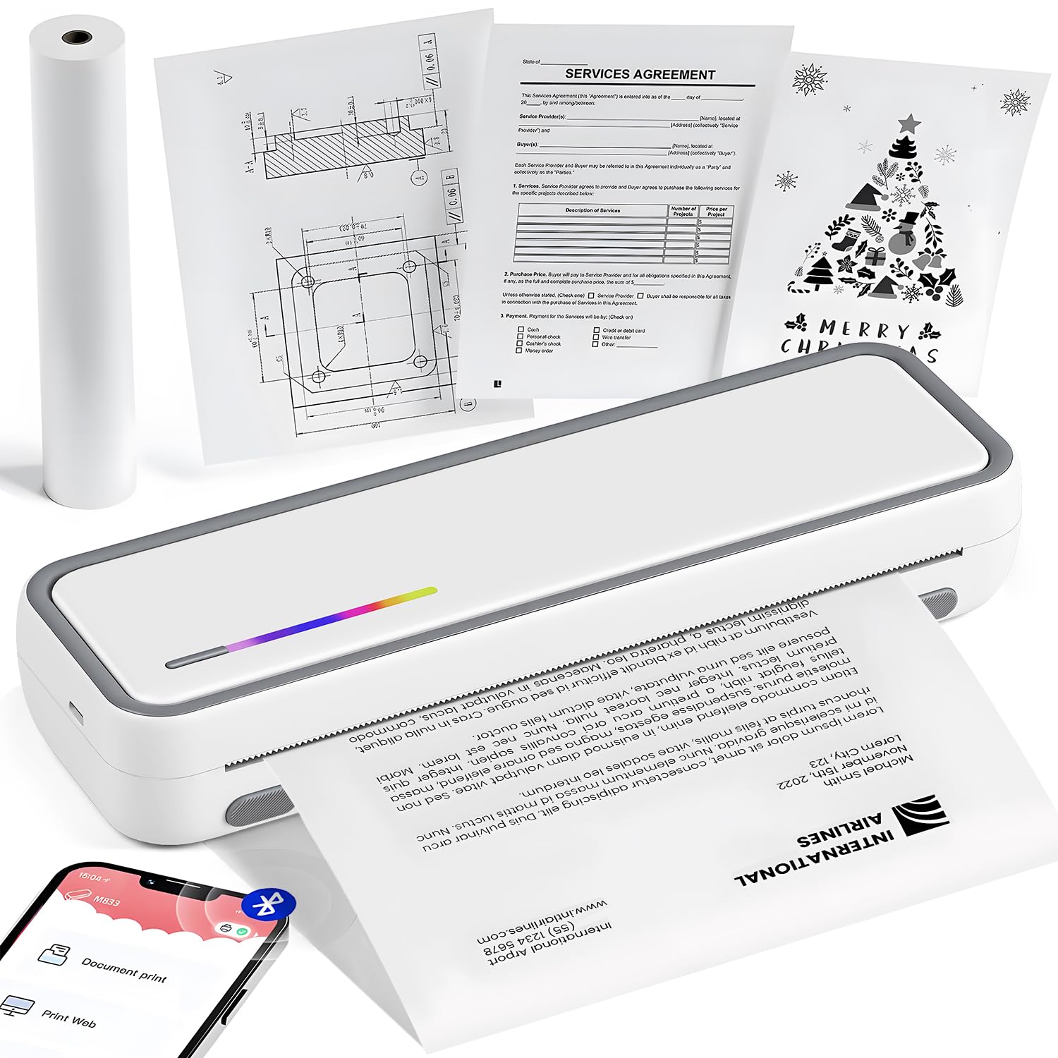 Impressora Térmica Portátil A4, Impressora Térmica Portátil com 20 Folhas Papel com Bluetooth, Compatível com Android, iOS e Laptop