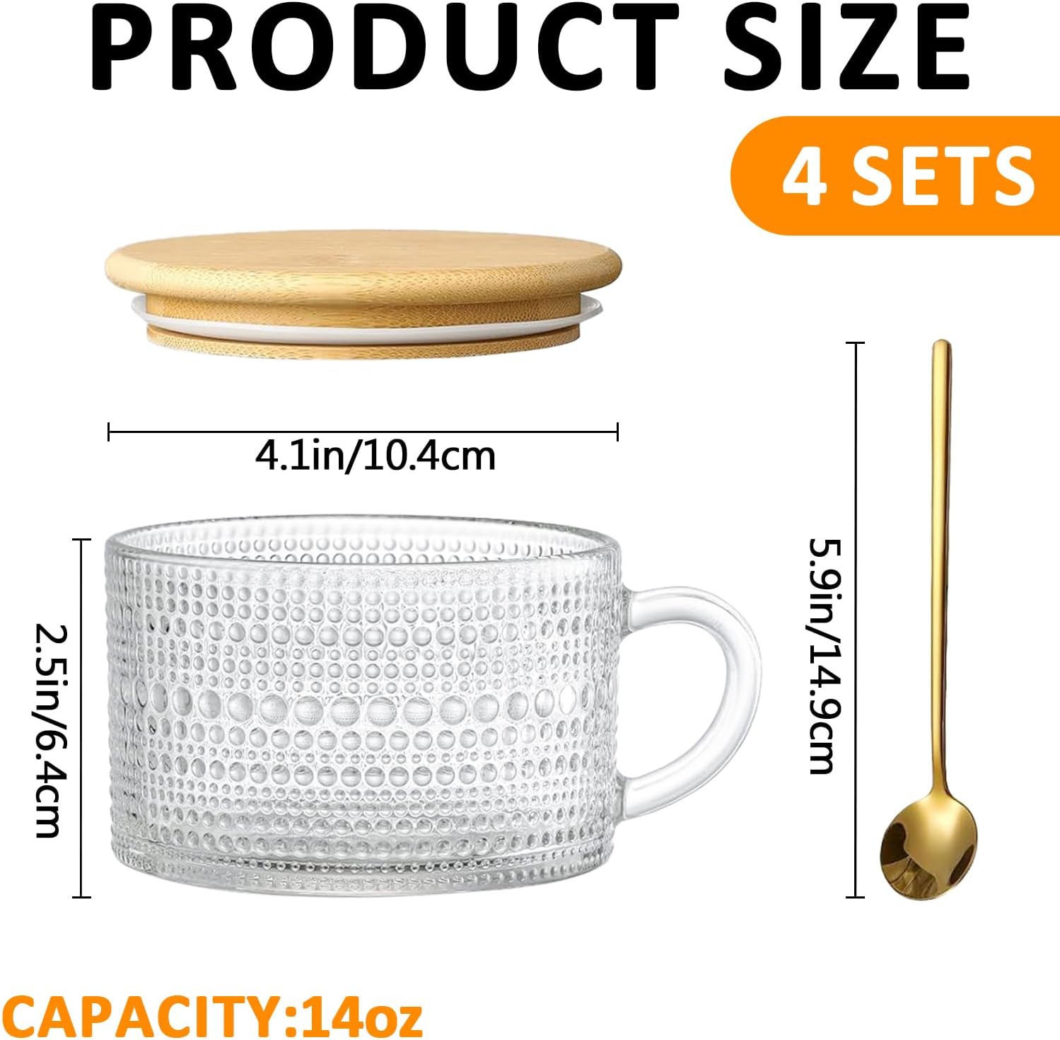 14 Oz Vintage Coffee Mugs Glassware Set of 4 Clear Embossed Tea Cups With Bamboo Lids and Spoons, Hobnail Glass Coffee Mugs Gifts for Women, Overnight Oats