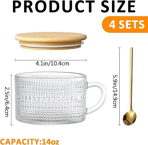 Miniatura 2 de Juego de 4 tazas de café vintage de 14 onzas, tazas de té transparentes en relieve con tapas y cucharas de bambú, tazas de café de vidrio hobnail