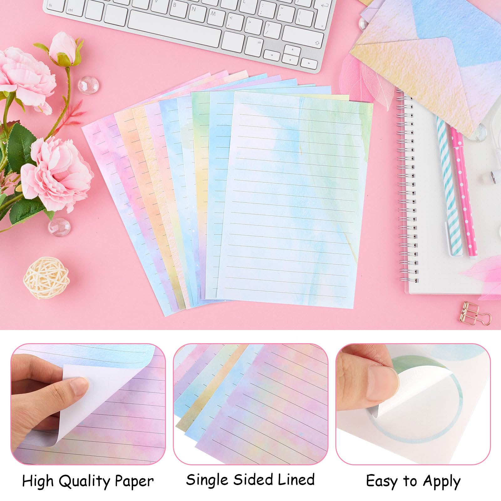Briefpapier met enveloppenset, 160 stuks briefpapier, 50 A5 gelinieerd en 50 enveloppen met 60 stickers, 10 kleuren aquarel briefpapier voor meisjes, briefpapier voor bruiloftsuitnodigingen meisjes