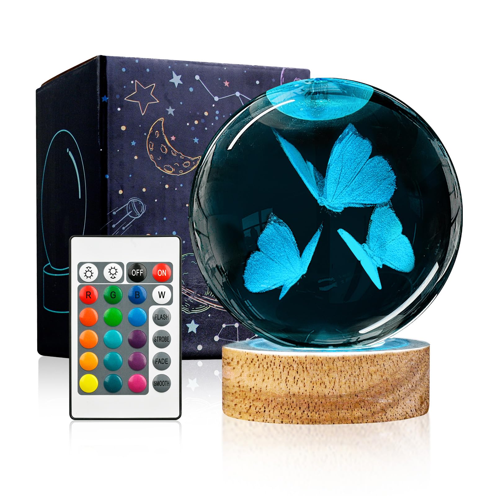3D Butterfly Crystal Ball Night Light with Woodern Base, 3.15" Butterfly Figurine Glass Lamp with 16 Colors Cute Desk Decor for Home Butterfly Gifts for Women Kids Friends
