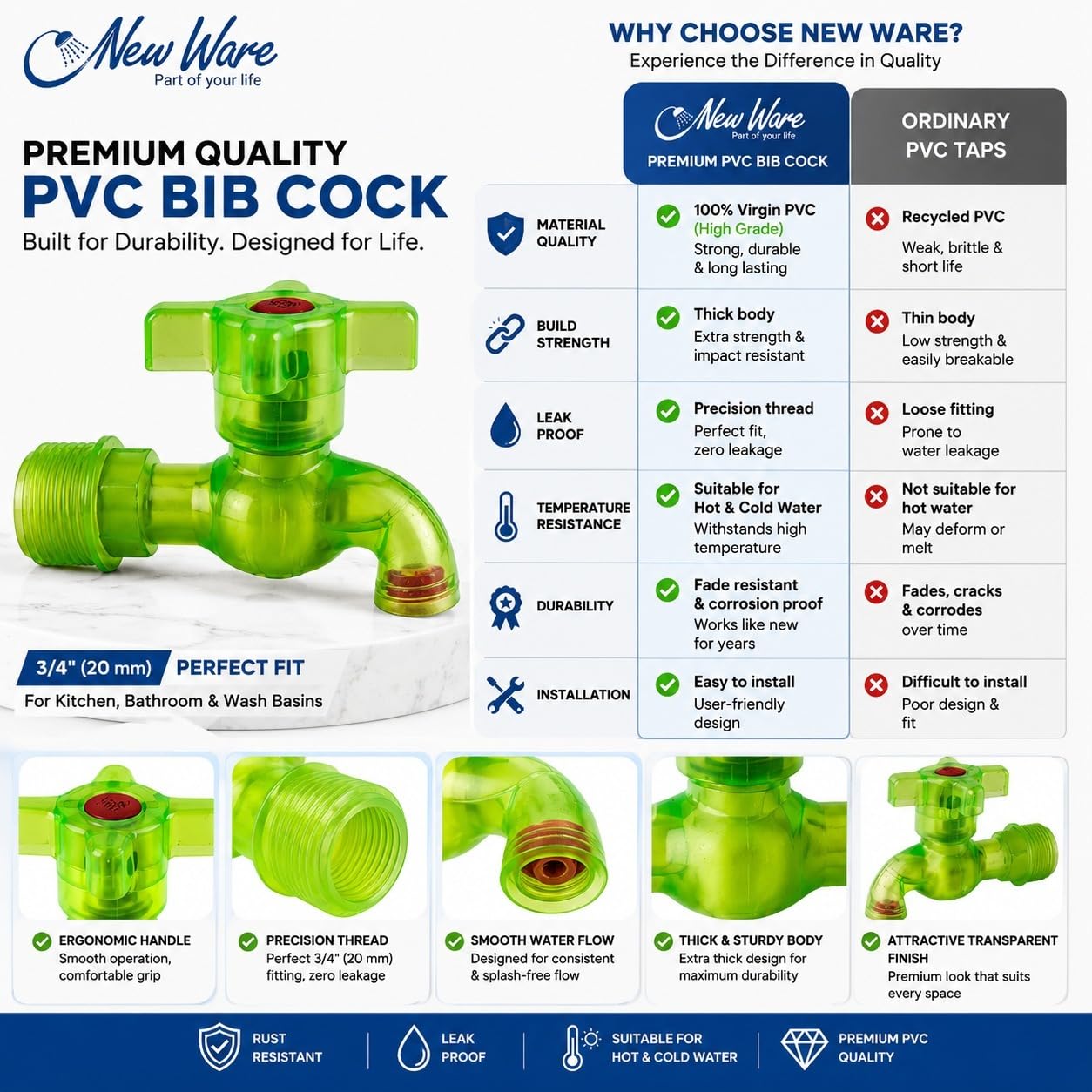 NEW WARE PVC Bib Tap - Rust-Free Kitchen & Bathroom -2
