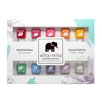 ella+mila Nail Polish Set for Kids - 10 Colors, Quick Dry, Vegan | Ten vibrant mini shades; 17-free vegan lacquer; quick dry & chip-resistant; kid-friendly gift set; 0.24 fl oz each