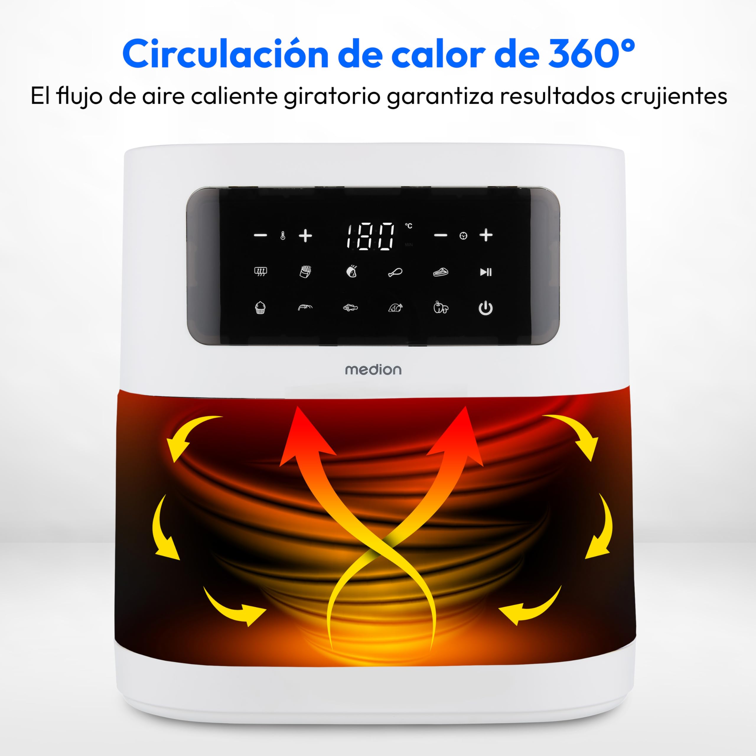 MEDION E40 XL freidora de aire caliente (5,2 L, airfryer, 2 150 W, 9 programas automáticos, función horno, fritura sin aceite, panel táctil, pantalla LED), mate