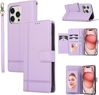 ONV Mirror Wallet Case Compatible with iPhone 8 Plus - Lines Leather Case Card Slot Stand Strap Shockproof Cash Pocket Solid Color Magnet Flip Cover for iPhone 8 Plus/iPhone 7 Plus 5.5" [CX] -Purple