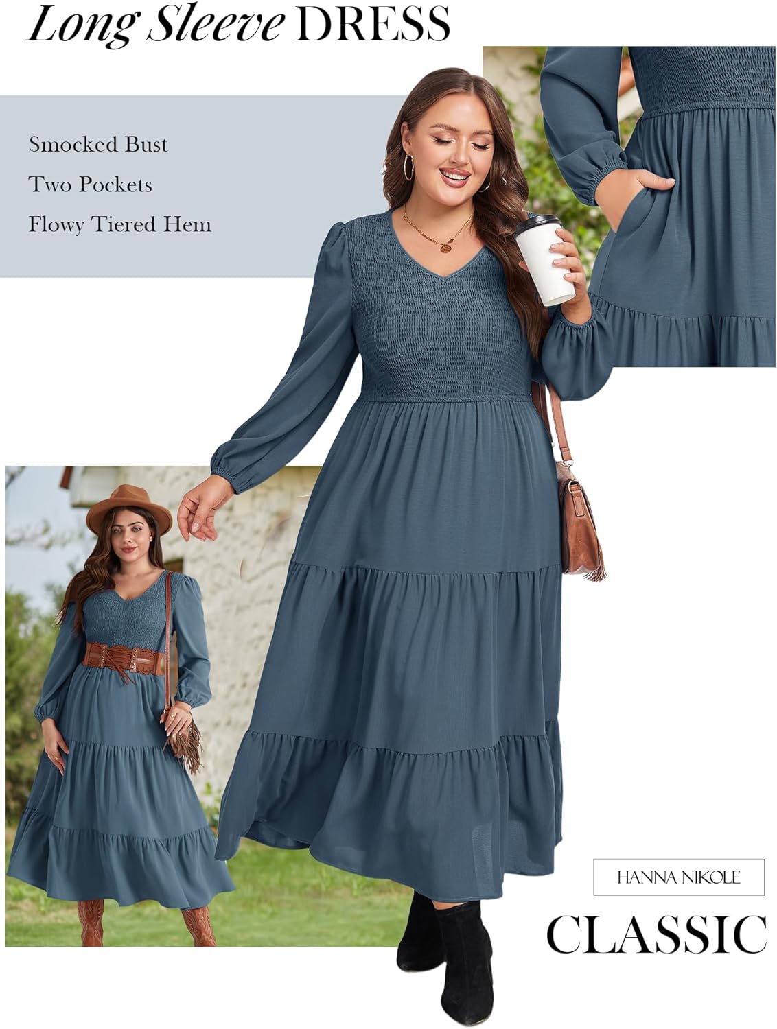 Hanna Nikole Women Plus Size Fall Dresses Long Sleeve V Neck Dress Maxi Casual Flowy Tiered 2025 Dress with Pockets - Image 4