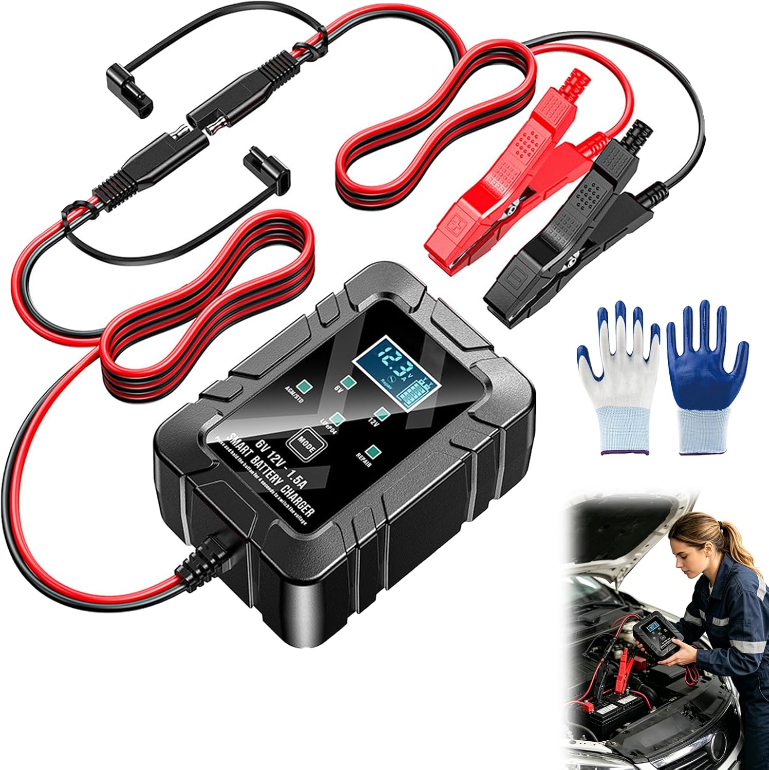 6v/12v Smart Battery Repair Charger,Automatic Intelligent Recognition Pulse Desulfator & Maintainer,Trickle Charger with Led Display for Car Motorcycle Truck Lawn MowerMarine