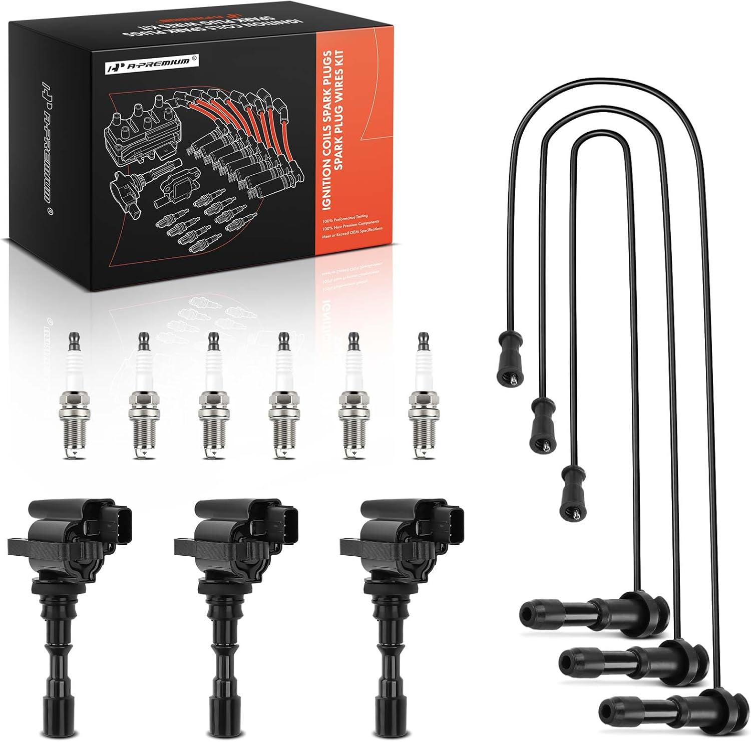 A-Premium 3 Ignition Coils with 3 Spark Plug Wires and 6 Iridium Spark Plugs Compatible with Kia Sedona 2002-2005 3.5L & Hyundai XG300 2001 3.0L, XG350 2002 3.5L