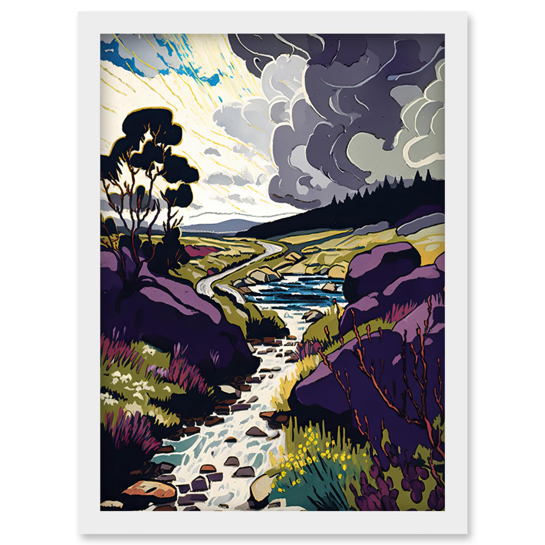 Artery8 Stormy Clouds over Stream Scottish Landscape Framed Wall Art Print A4