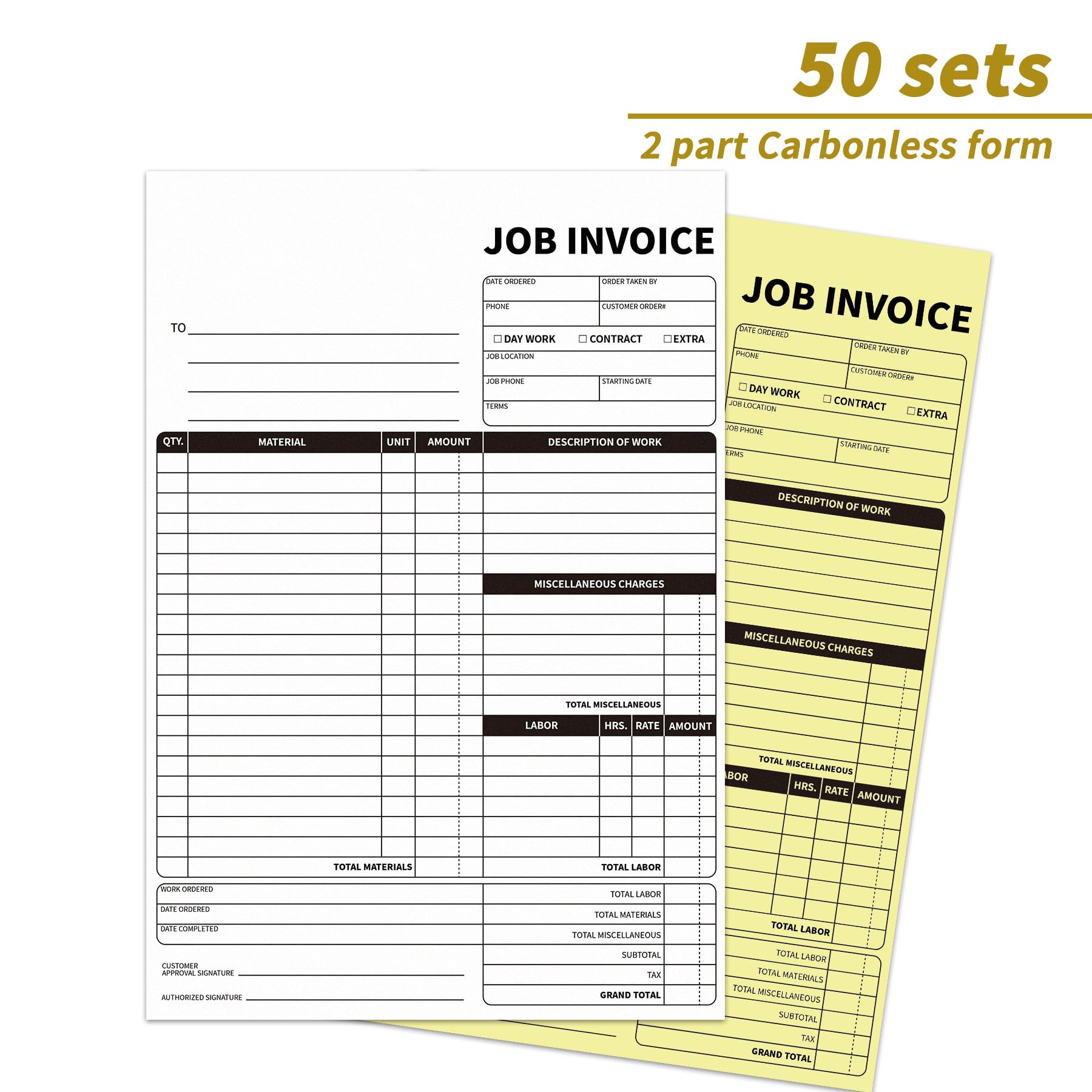 Formularios De Factura Trabajo Autocopiativos, Pulgadas, 2 Partes Con Copia Al Carbono, 50 Juegos Tablero Trasero (1), 7.5 X 11