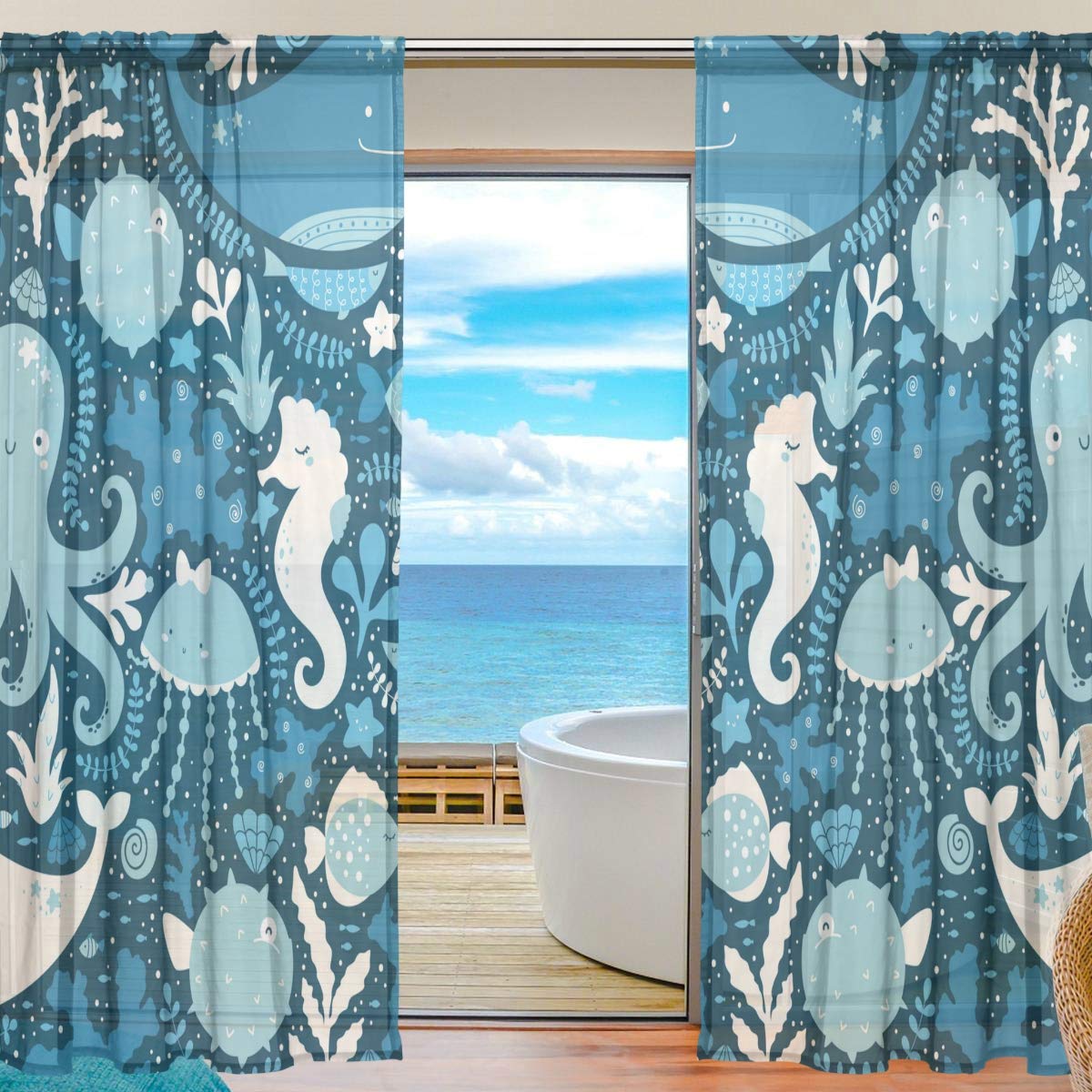 Amazon｜旅立の店 カーテン レースカーテン 海の生き物柄 魚 クラゲ 半