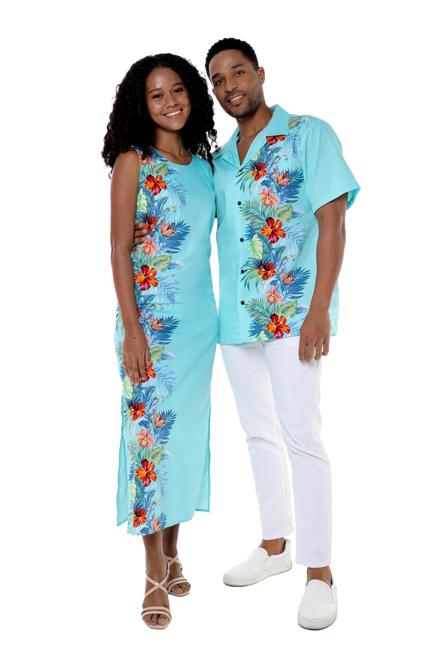 Matchable Couple Hawaiian Luau Men Shirt or Women Maxi Tank Dress in Orchid Paradise Turquoise