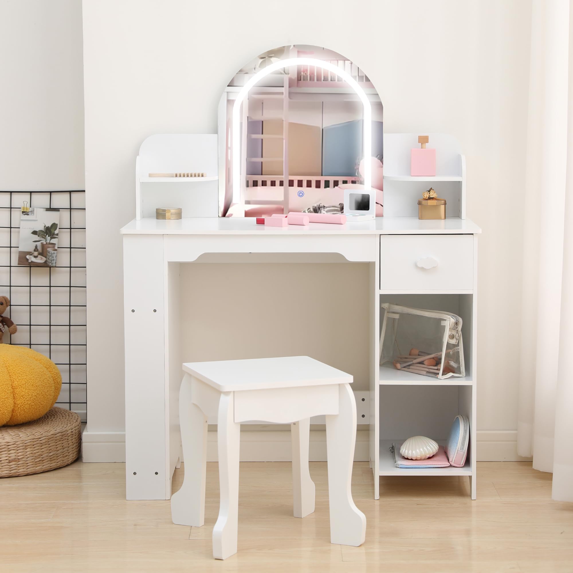 Tocador de Maquillaje 2 en 1 con Luz y Espejo, Tocador Niña con Taburete, Tocador Infantil con Luces LED Ajustables, Estantes de Mesa y Bajo Mesa, Cajones y Estanterías Laterales