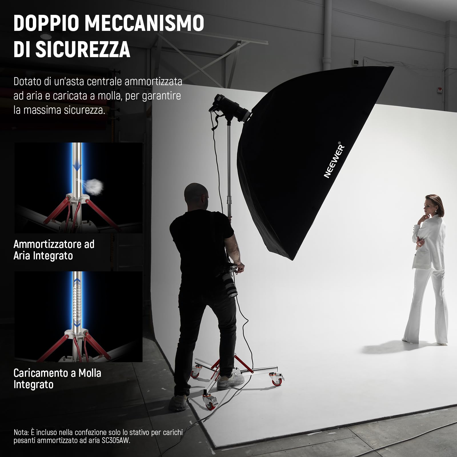 Neewer Supporto per luce ammortizzato ad aria con ruote, supporto regolabile per treppiede, in acciaio inox, supporto con ruote per flash da studio, softbox, riflettore monolight, SC305AW
