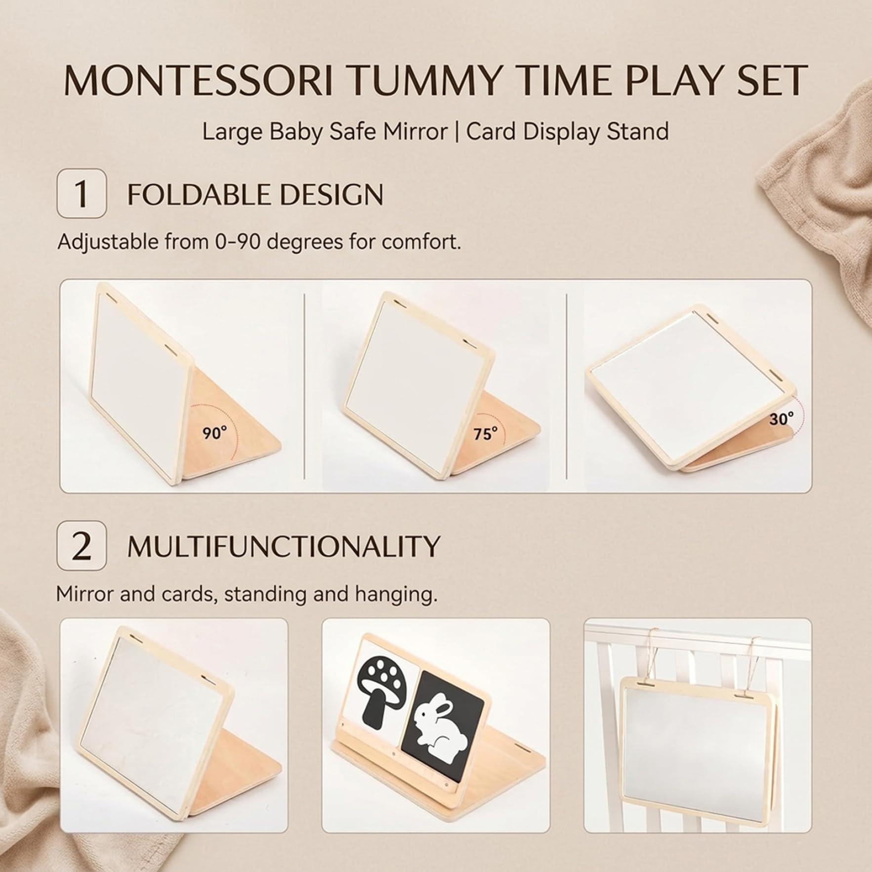 Juguete para bebé con espejo boca abajo, juguete sensorial con espejo Montessori con soporte ajustable y tarjetas visuales para recién nacidos de 0 a 3 meses, madera para juguetes y juegos de de.