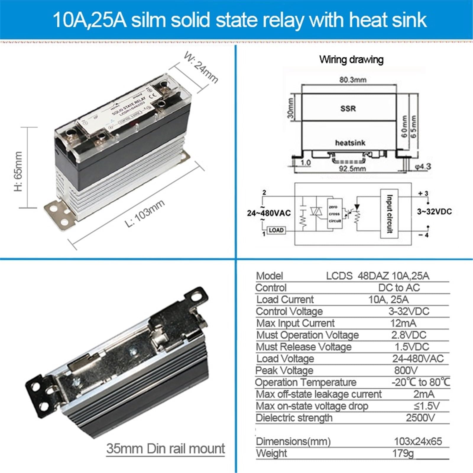 Relé Industrial SSR con disipador de calor, relé de estado sólido montado en Riel DIN, CC a CA, 10A, 25A, 40A, 60A, 80A, 100A, 120A, 1 Uds.(DC-AC 100A)
