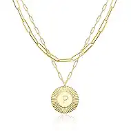 LOYATA Layered Choker Necklace Gold Flower Initial Coin Pendant 2 Layer 14K Gold Plated Dainty Paperclip Chain Personalized Jewelry Gift for Women Letter A-Z
