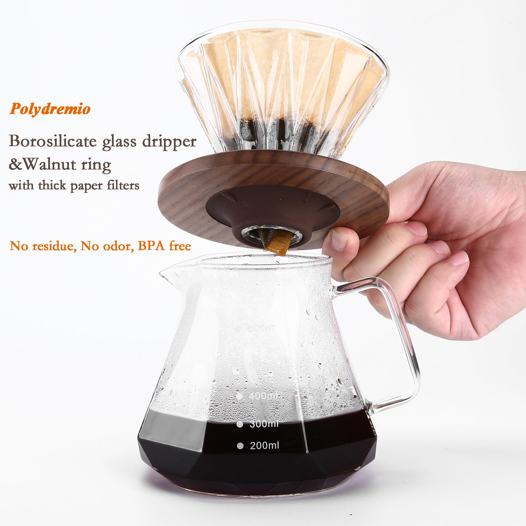 Caffettiera Pour Over, caraffa in vetro borosilicato da 600 ml, con 100 filtri di carta misura 02, manico in noce e coperchio in vetro, 600 ml, trasparente