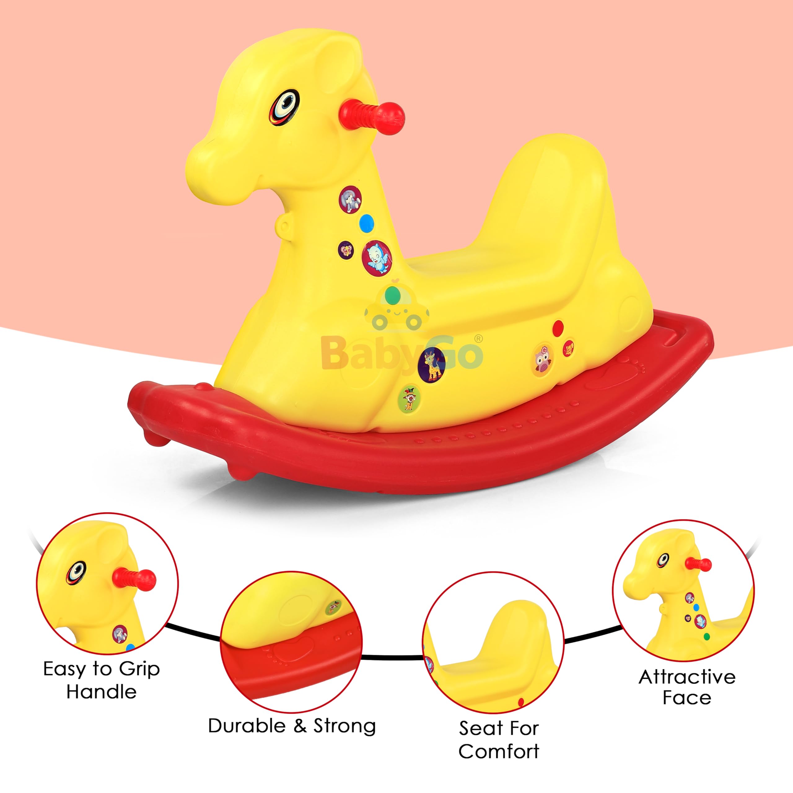 BabyGo Baby Giraffe Rocking Toy Ride On for Kids | Soft & Durable Rocker with Comfortable Seat and Grip Handles | Fun Indoor Outdoor Ride On Rocking Horse Alternative for Toddlers (72x53x26cm) 1