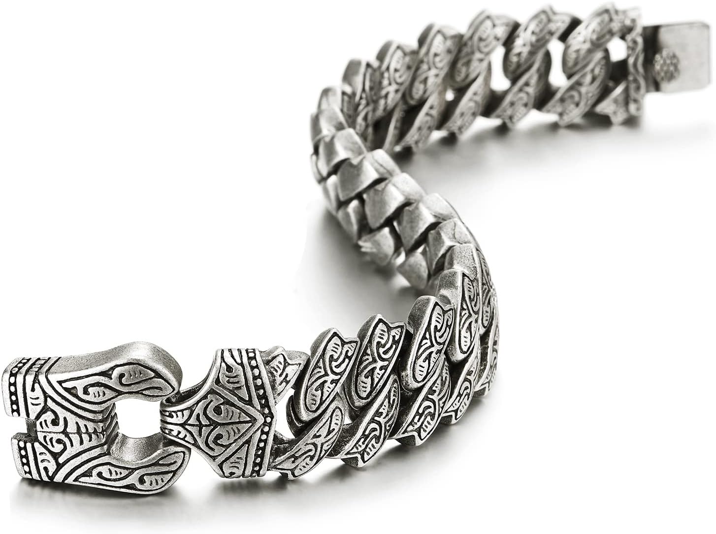 COOLSTEELANDBEYOND Mens Steel Vintage Fancy Curb Chain Bracelet with Tribal Tattoo Pattern, Retro Style, Masculine