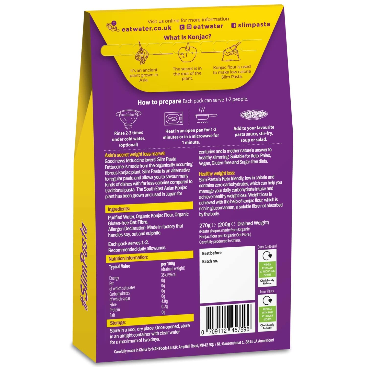 Slim Pasta - Fettucines de Konjac - 270 g - Sin Calorías ni Carbohidratos - Ideal para Dietas Keto y Low Carb - Aptos para Veganos - Elaborados con Agua Purificada, Fibra de Avena y Harina de Konjac — view 2