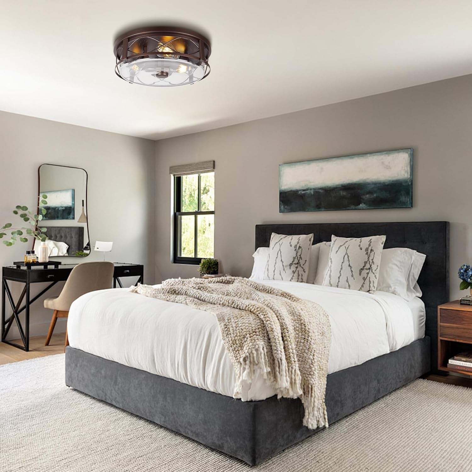 16 Inch Large Flush Mount Ceiling Light with Seeded Glass, 3-Light Bronze Round Ceiling Lamp, Modern Farmhouse Indoor Outdoor Ceiling Lighting for Kitchen Bedroom Living Dining Room