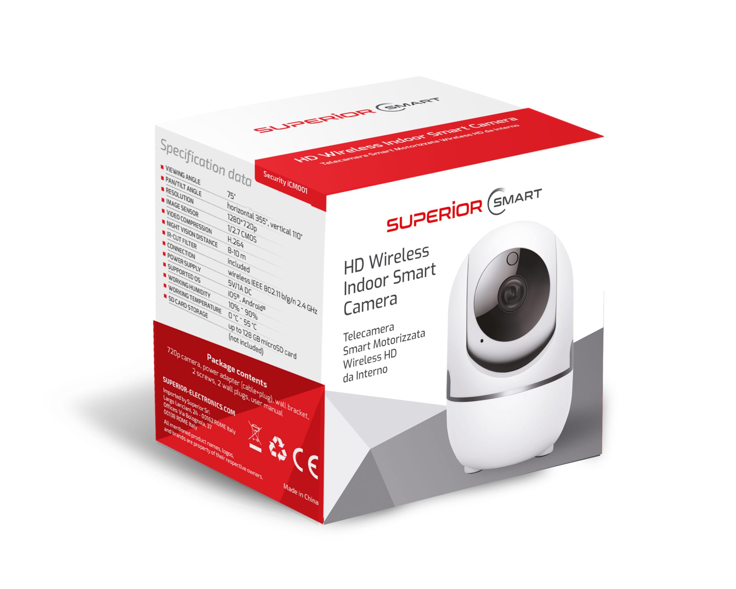 Superior Electronics Security iCM001 – WiFi Innenüberwachungskamera HD 1080p 2,4 GHz mit Nachtsicht und bidirektionalem Audio – Bewegungserkennung – Manuelles Zoom – 360° Drehung