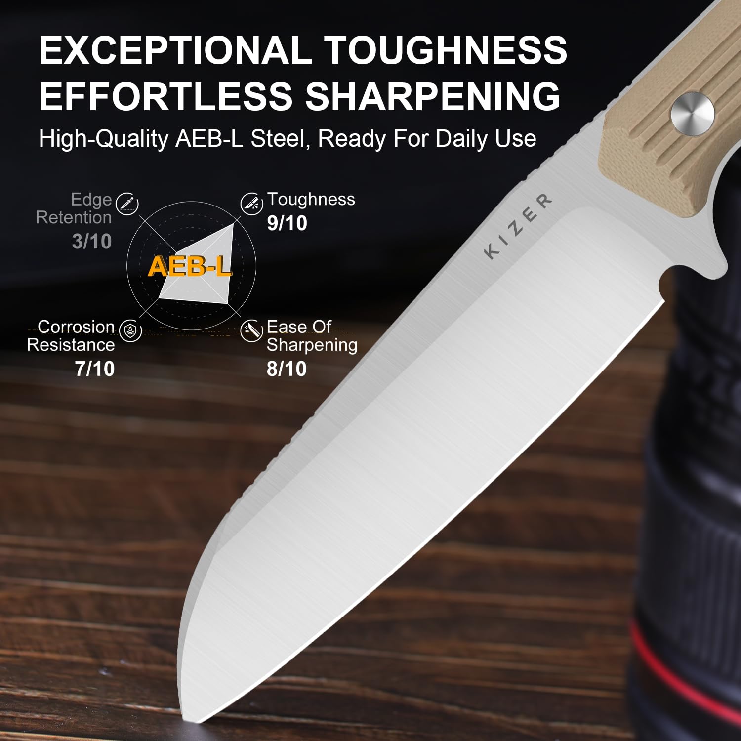 Kizer Begleiter Fix Couteau à Lame Fixe, Lame Sheepsfoot AEB-L de 3,75 pouces, Couteaux de EDC avec Étui Kydex, Manche G10 Marron, Couteau EDC pour Camping, Randonnée et Survie 1045MS2