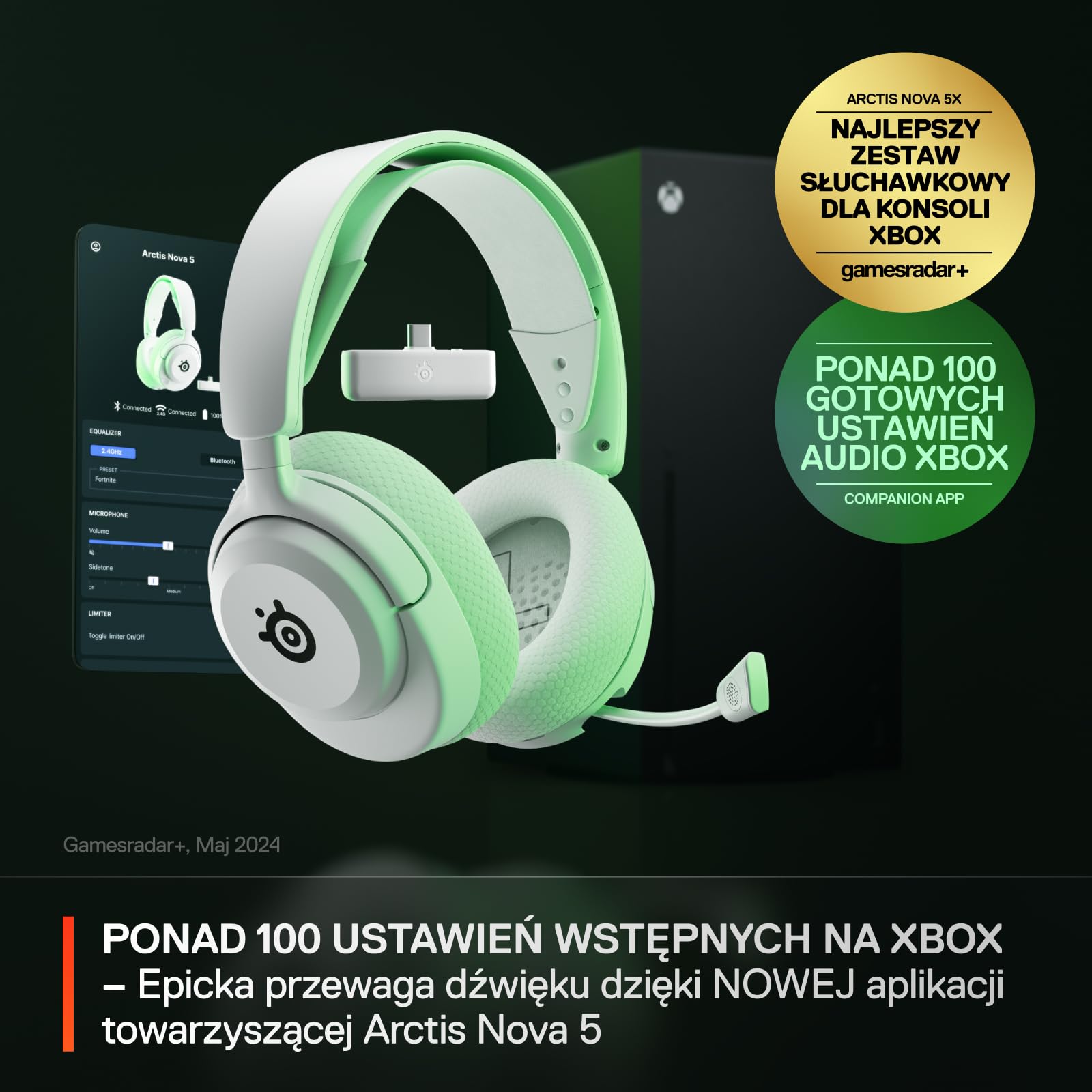 SteelSeries Arctis Nova 5X - Słuchawki wi-fi do gier - Neodymowe przetworniki magnetyczne - Ponad 100 ustawień wstępnych dźwięku - 60 godz baterii - 2,4 GHz lub BT - Mik. Gen2.X – Xbox, PC,PS5,mobile