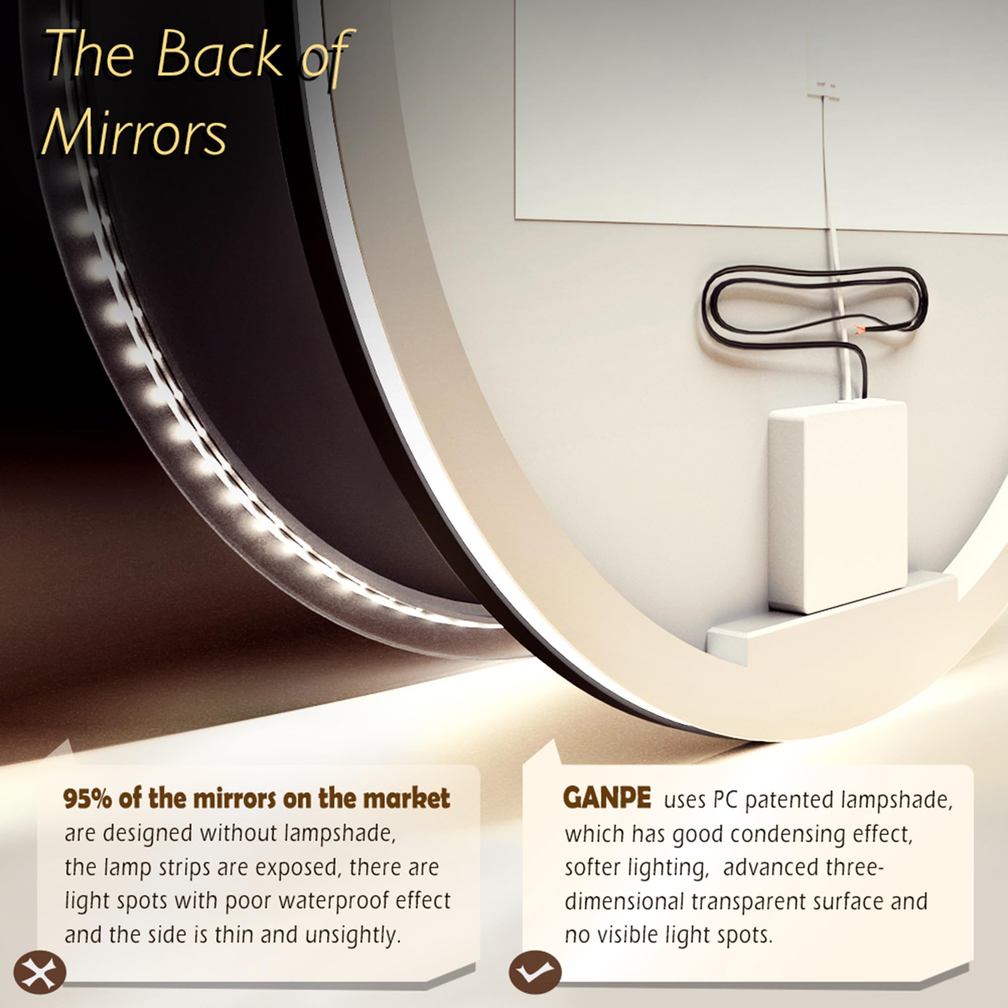 GANPE Miroir de courtoisie Rond à capteur LED, avec éclairage à intensité Variable, Anti-buée, étanche IP44, pour Salle de Bain (Noir, 70L x 70l cm)
